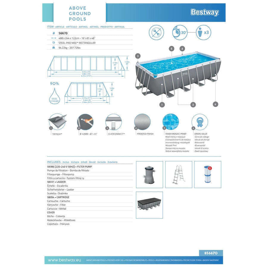 Piscina Bestway Rectangular Filtro+Accesorio 4.88X2.44X1.22M